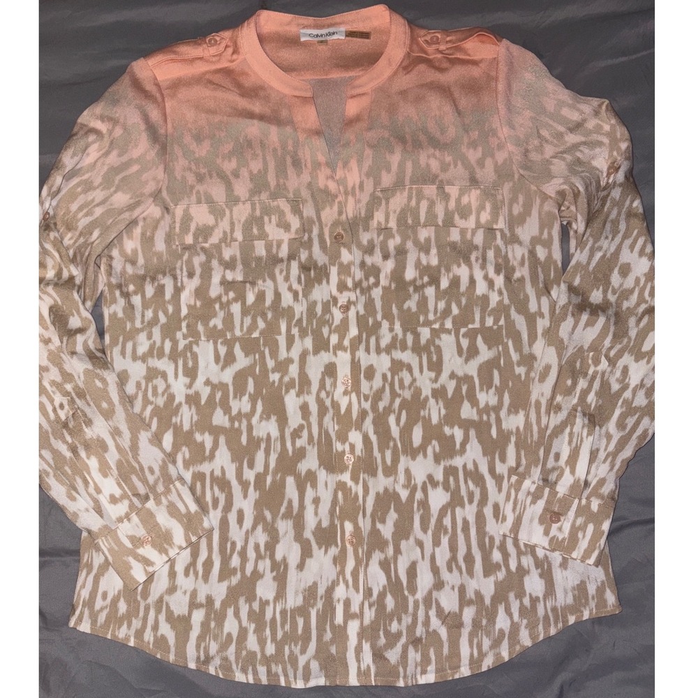 Calvin Klein Sheer Ombré Cheetah Print Button Up Longsleeve Blouse, Size Small